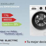 Aclarado Extra Antialérgenos, centrifugado de 1.400 revoluciones por minuto, display LED, Eas Electric, EMW1245GW, función Paro más Carga, Lavado Silencioso, motor Inverter, Porque no todos lavamos igua, serie Excellent, tecnología Easy Jet