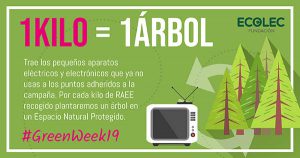 ecolec, greenweek, raee, residuos de aparatos eléctricos, puntos de recogida, 15 ciudades, campaña, economía circular, reforestación, bosques, arbol