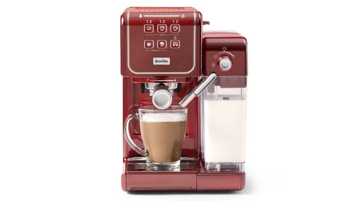 VCF147X_Breville_One Touch Coffeehouse_Coffee_OTCHII_Red_Product Shot_Front View with drink