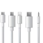 Cable ports, chargers, usb cables, plugs and connectors set. Types of mobile phone cords vector illustration. Collection of smartphone connection wires on white background