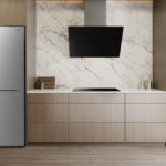 Brown-and-beige,Kitchen,With,Large,Black,Refrigerator,And,Extractor,Hood,With