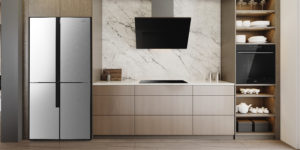 Brown-and-beige,Kitchen,With,Large,Black,Refrigerator,And,Extractor,Hood,With