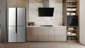 Brown-and-beige,Kitchen,With,Large,Black,Refrigerator,And,Extractor,Hood,With