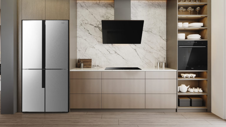Brown-and-beige,Kitchen,With,Large,Black,Refrigerator,And,Extractor,Hood,With