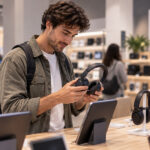 Hombre mirando unos auriculares en una tienda de electrónica.