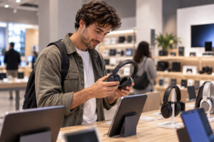 Hombre mirando unos auriculares en una tienda de electrónica.