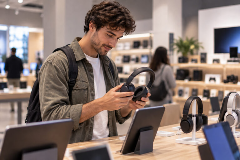 Hombre mirando unos auriculares en una tienda de electrónica.
