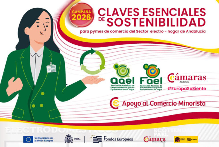 Cartel de la campaña 2026 de AAEL/FAEL de apoyo al comercio local del sector Electro+Hogar en Andalucía.