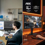 Personas trabajando o juegando con monitores de AOC y Philips Monitors.