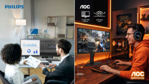 Personas trabajando o juegando con monitores de AOC y Philips Monitors.